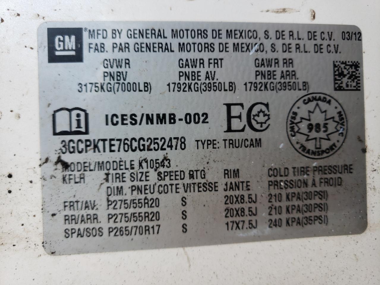 Zdjęcie 10 z aukcji – 2012 CHEVROLET SILVERADO z VIN 3GCPKTE76CG252478