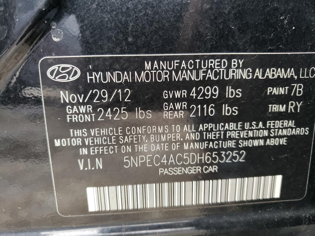 Photo 10 from auction – 2013 HYUNDAI SONATA SE with VIN 5NPEC4AC5DH653252