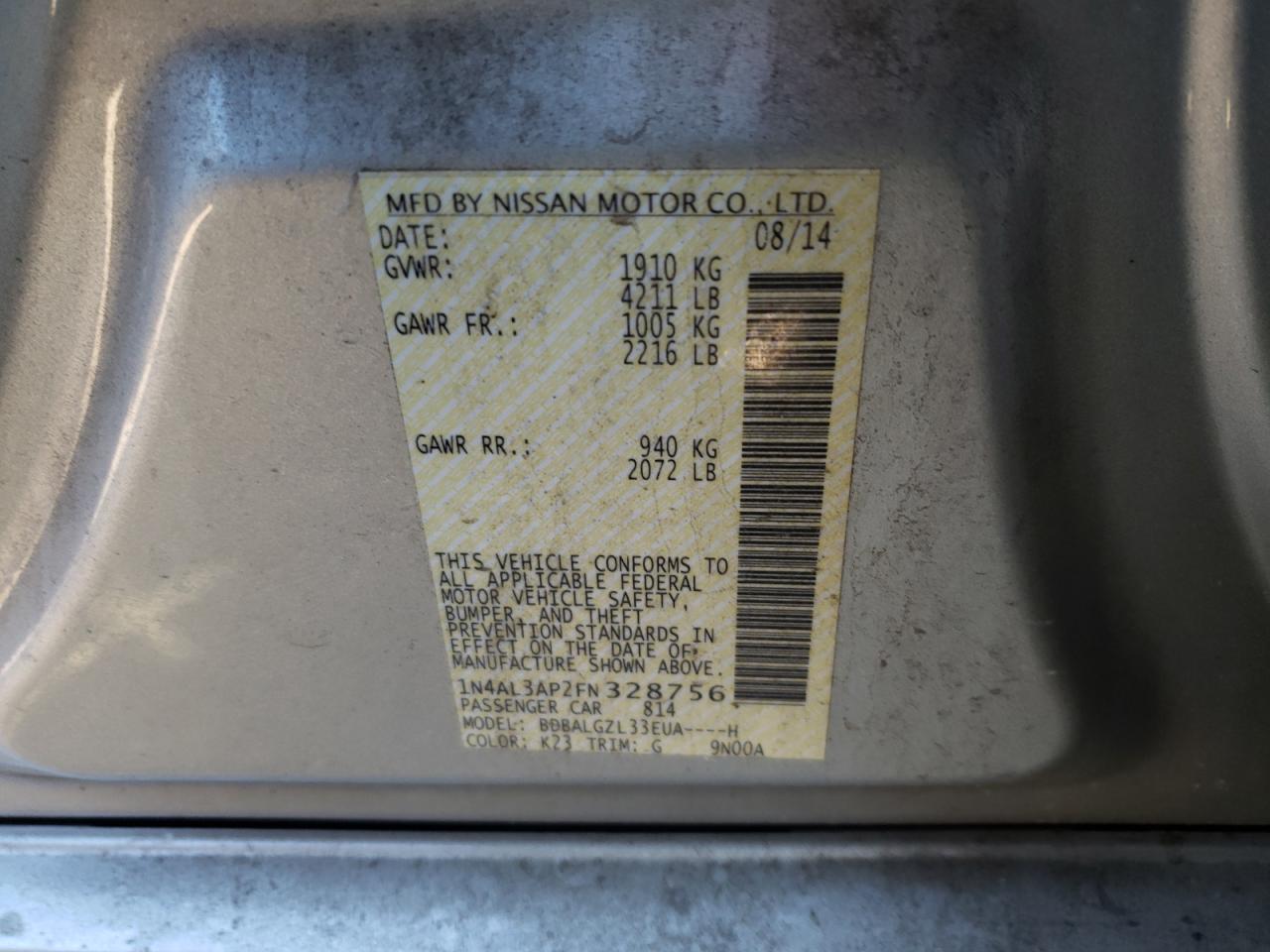 Photo 10 from auction – 2015 NISSAN ALTIMA 2.5 with VIN 1N4AL3AP2FN328756