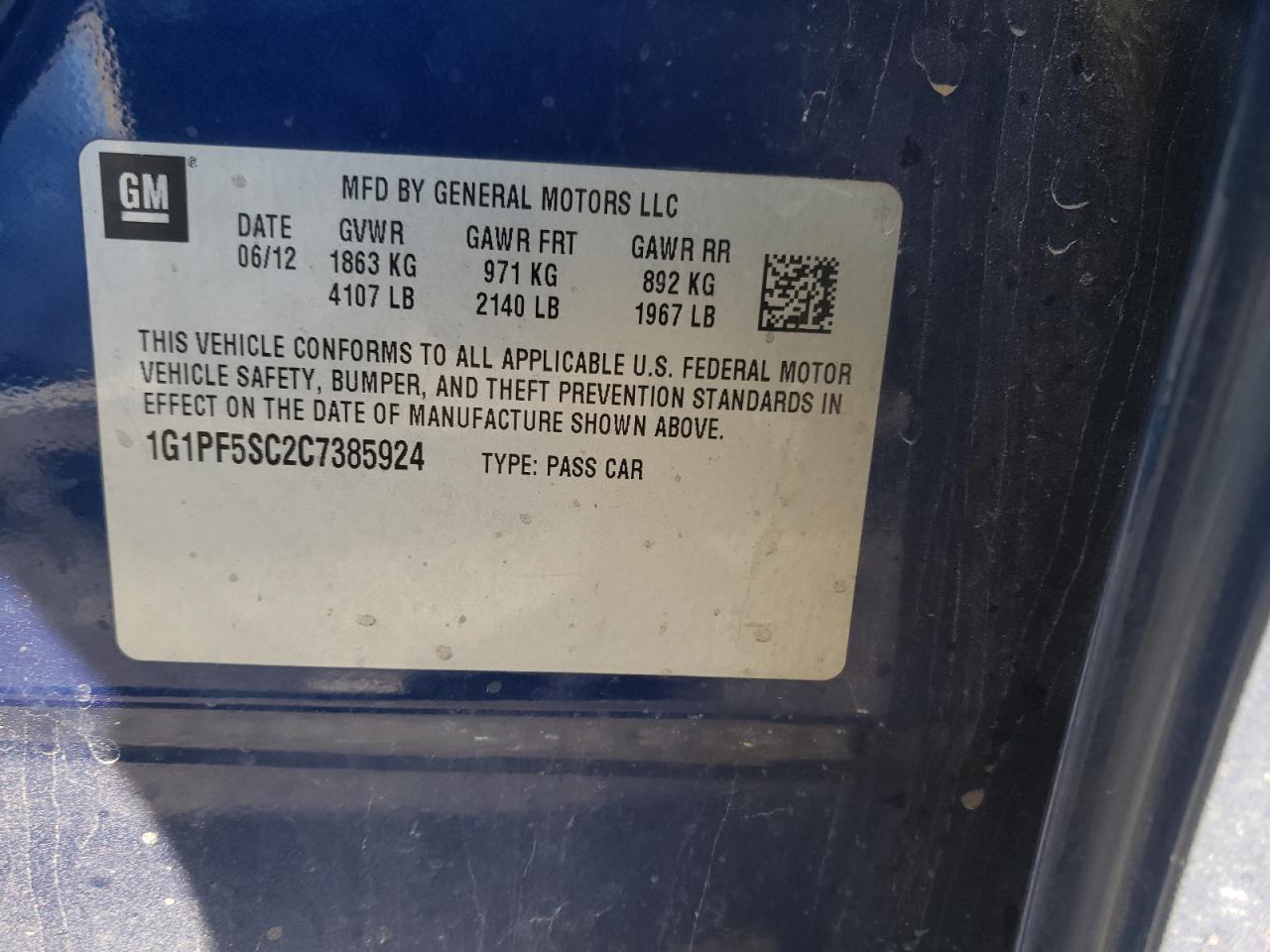 Photo 10 from auction – 2012 CHEVROLET CRUZE LT with VIN 1G1PF5SC2C7385924