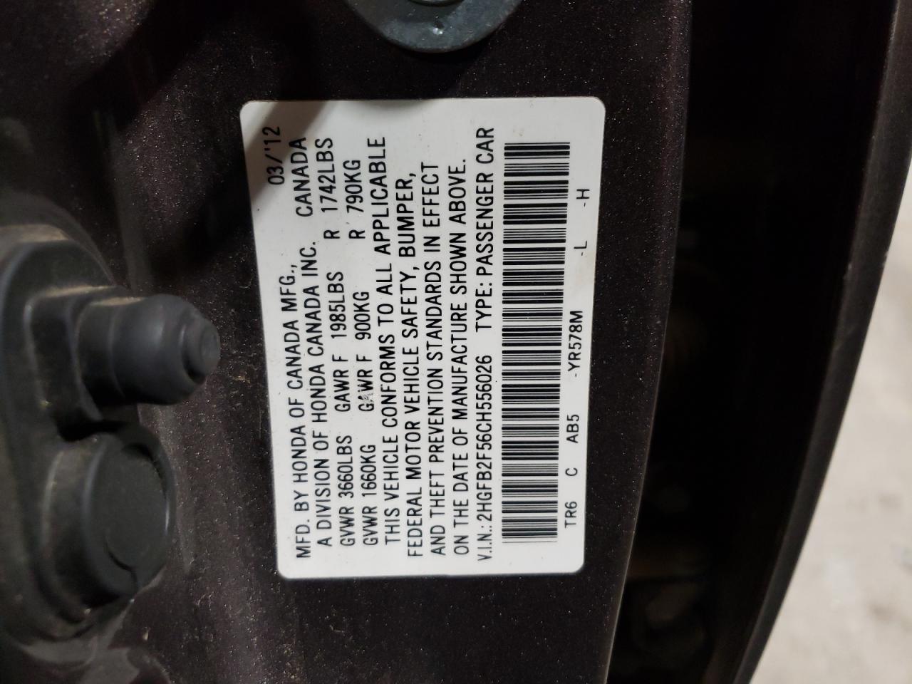 Photo 10 from auction – 2012 HONDA CIVIC LX with VIN 2HGFB2F56CH556026