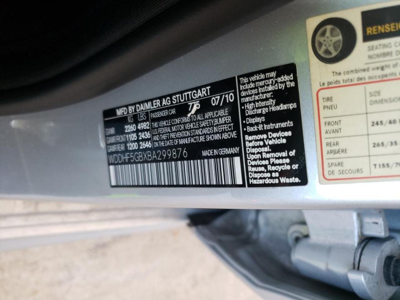 Photo 10 from auction – 2011 MERCEDES-BENZ E 350 with VIN WDDHF5GBXBA299876