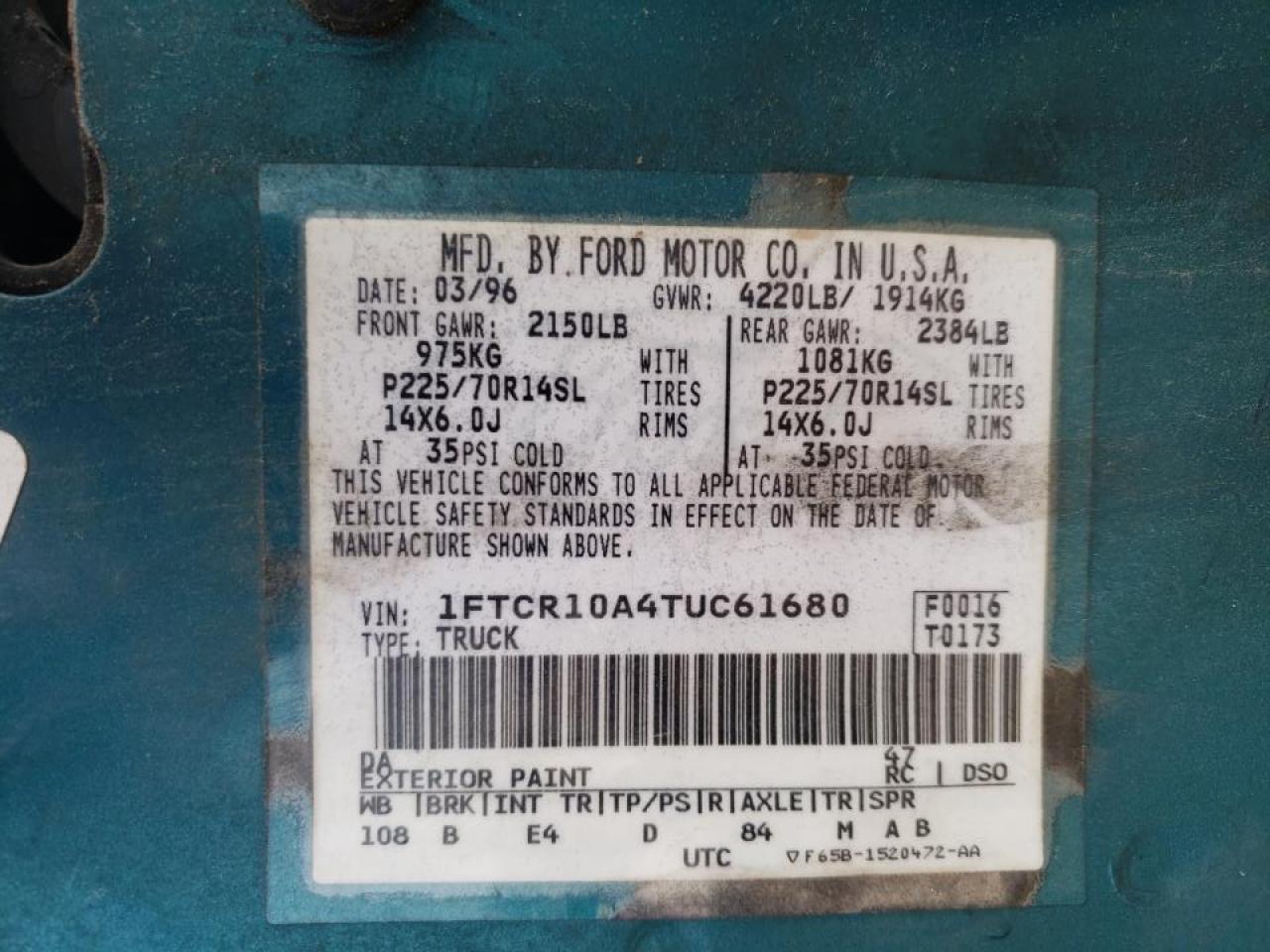 Photo 10 from auction – 1996 FORD RANGER with VIN 1FTCR10A4TUC61680