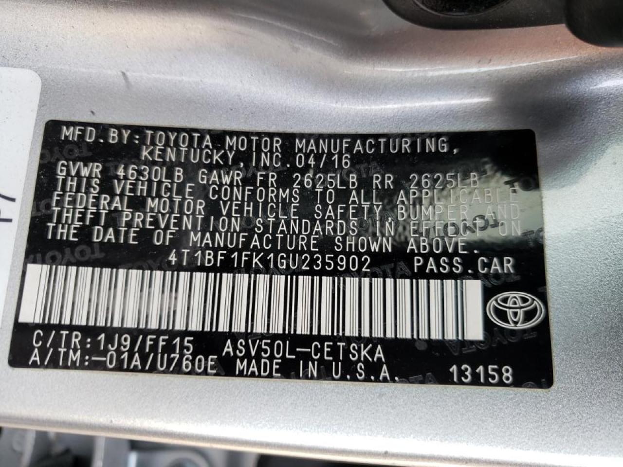 Photo 10 from auction – 2016 TOYOTA CAMRY LE with VIN 4T1BF1FK1GU235902