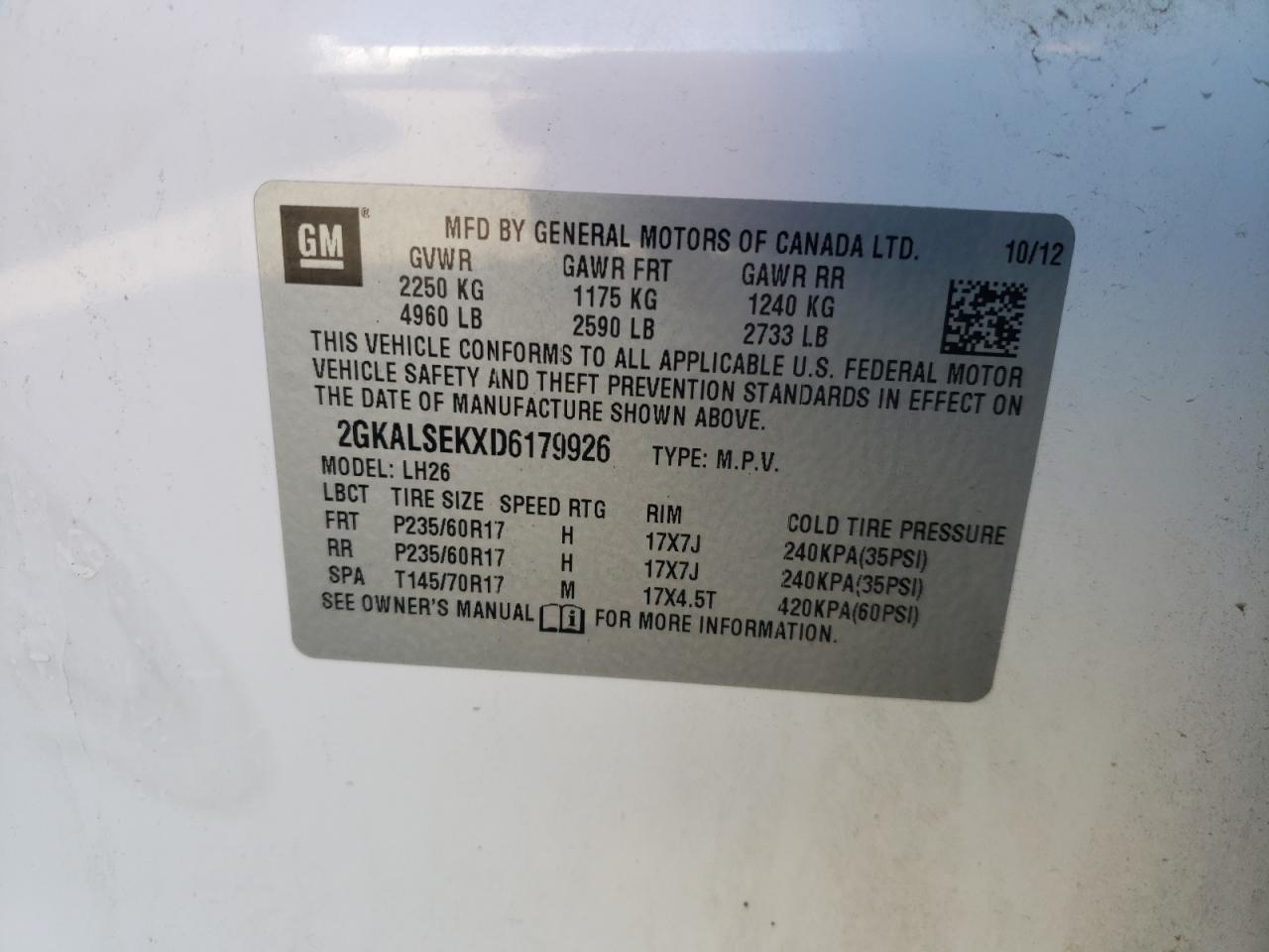 Photo 20 from auction – 2013 GMC TERRAIN SL with VIN 2GKALSEKXD6179926
