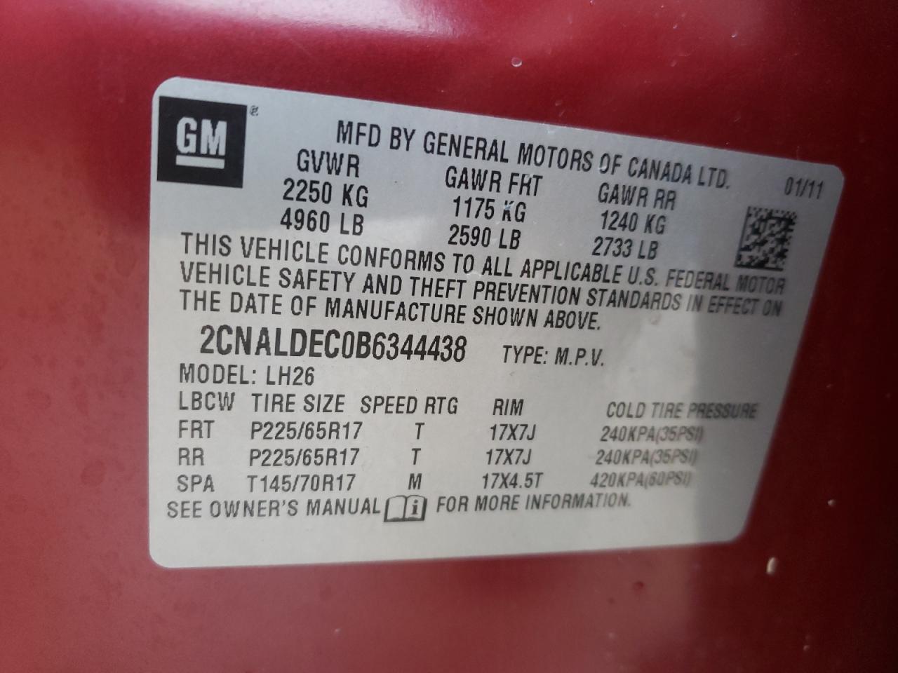 Photo 10 from auction – 2011 CHEVROLET EQUINOX LT with VIN 2CNALDEC0B6344438