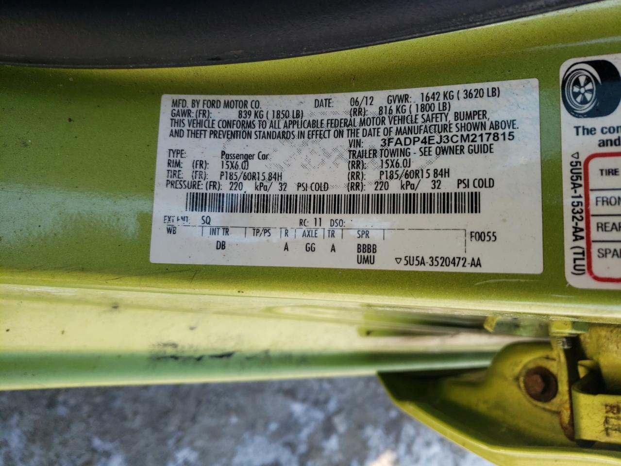 Photo 10 from auction – 2012 FORD FIESTA SE with VIN 3FADP4EJ3CM217815