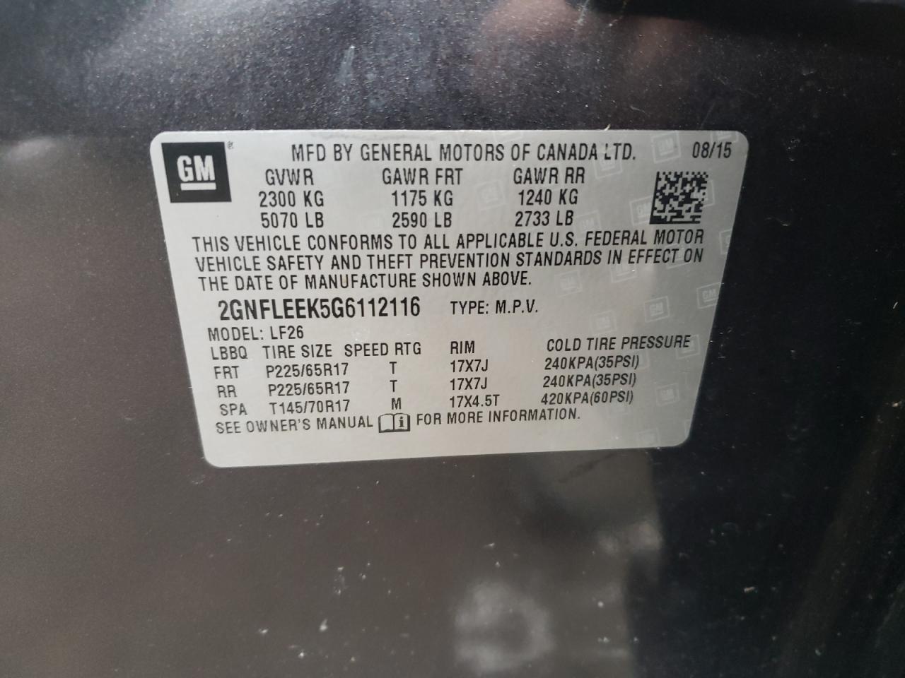 Photo 10 from auction – 2016 CHEVROLET EQUINOX LS with VIN 2GNFLEEK5G6112116