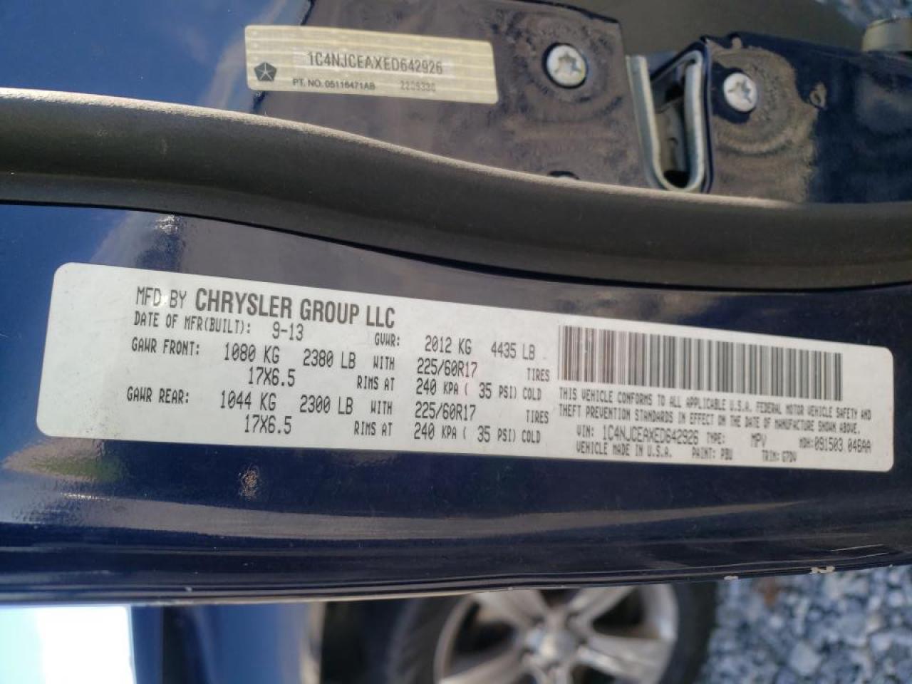 Photo 10 from auction – 2014 JEEP COMPASS LA with VIN 1C4NJCEAXED642926