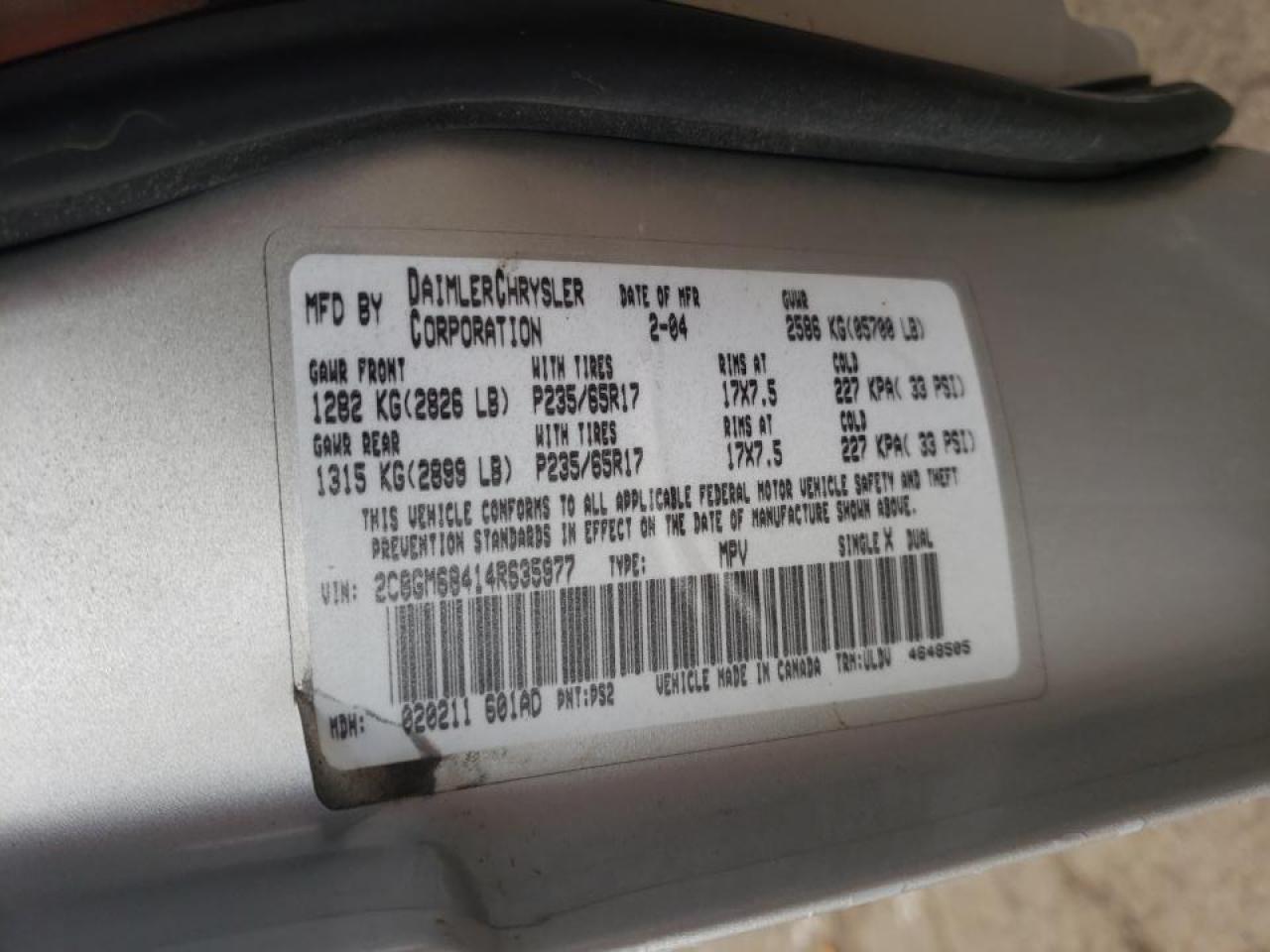 Photo 10 from auction – 2004 CHRYSLER PACIFICA with VIN 2C8GM68414R635977