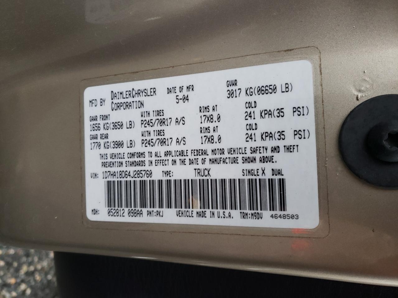 Photo 10 from auction – 2004 DODGE RAM 1500 S with VIN 1D7HA18D64J285760