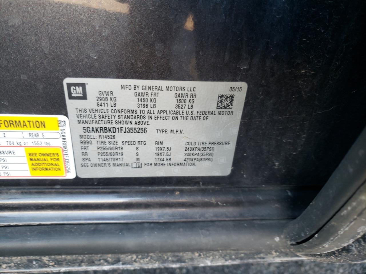 Photo 10 from auction – 2015 BUICK ENCLAVE with VIN 5GAKRBKD1FJ355256