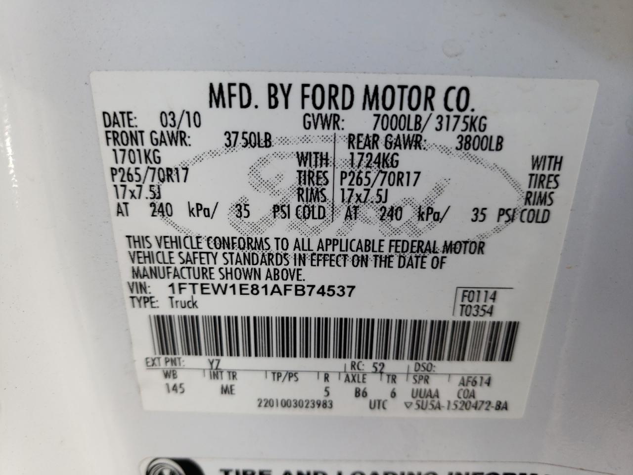 Photo 10 from auction – 2010 FORD F150 SUPER with VIN 1FTEW1E81AFB74537