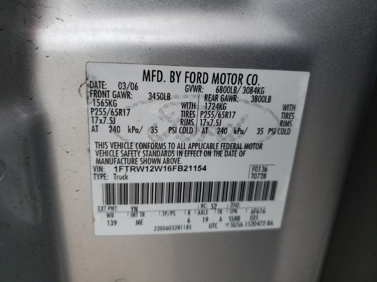 Photo 10 from auction – 2006 FORD F150 SUPER with VIN 1FTRW12W16FB21154