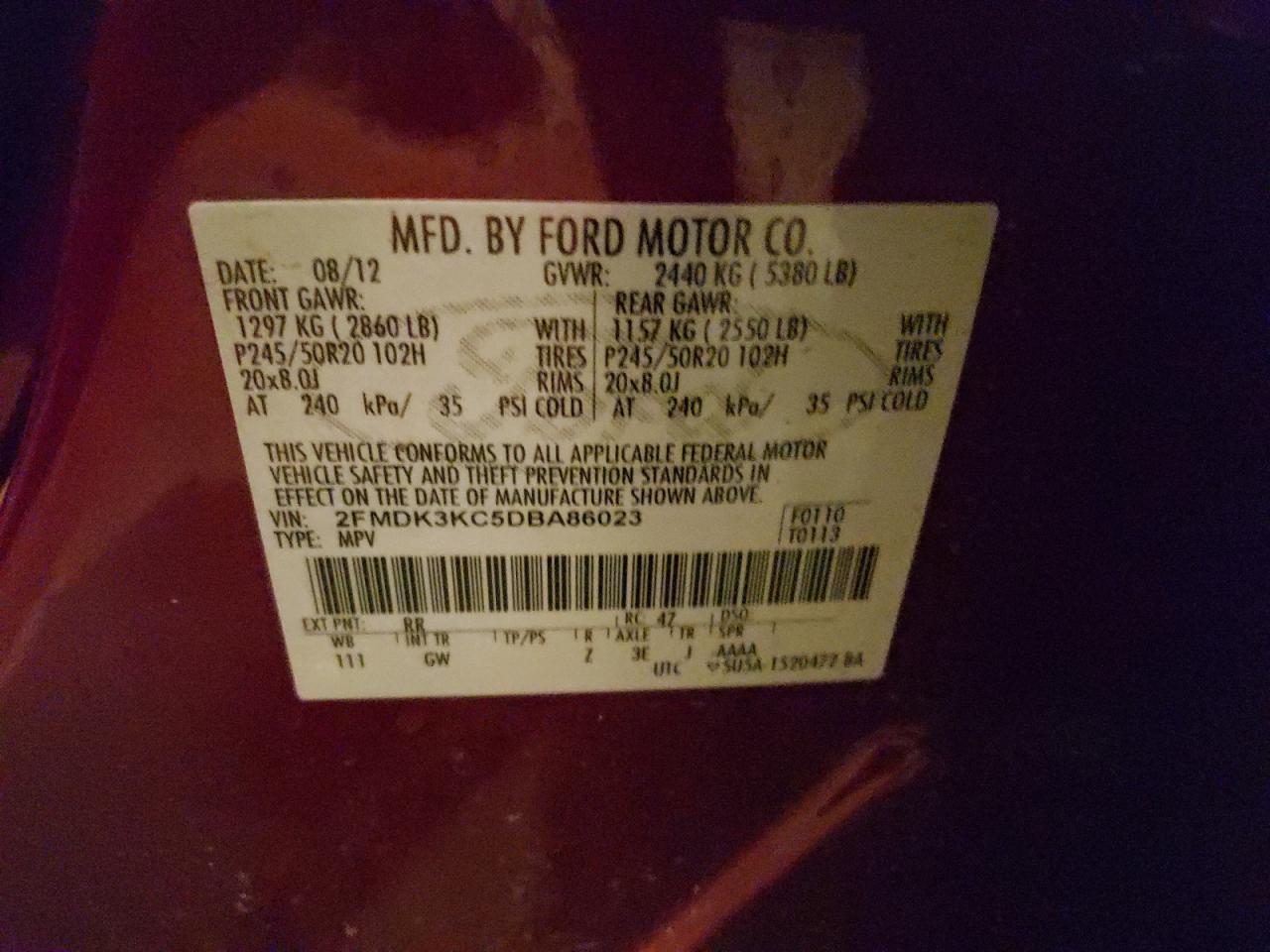 Photo 10 from auction – 2013 FORD EDGE LIMIT with VIN 2FMDK3KC5DBA86023