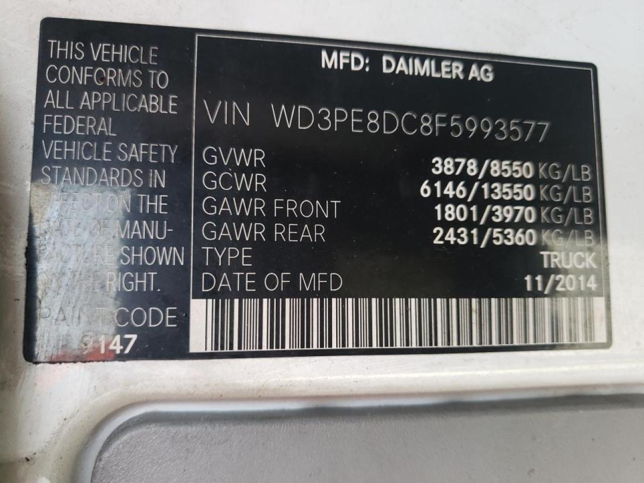 Photo 10 from auction – 2015 MERCEDES-BENZ SPRINTER 2 with VIN WD3PE8DC8F5993577
