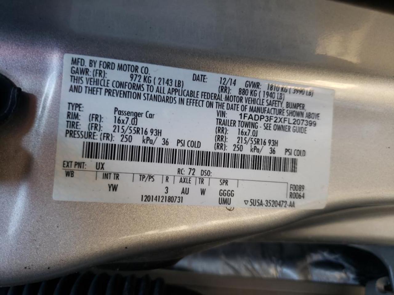 Photo 10 from auction – 2015 FORD FOCUS SE with VIN 1FADP3F2XFL207399