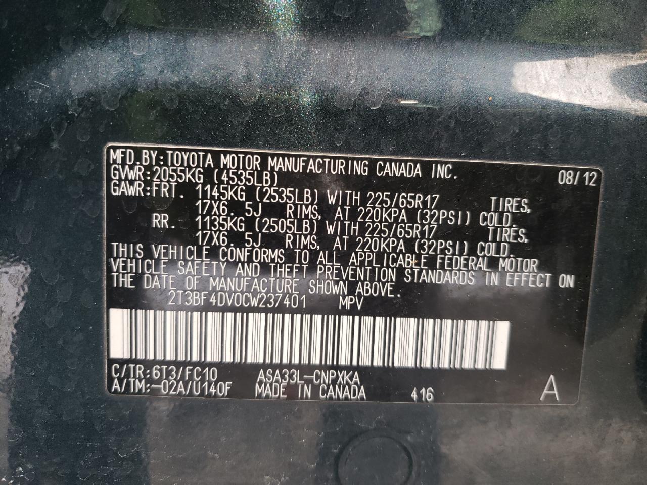 Photo 10 from auction – 2012 TOYOTA RAV4 with VIN 2T3BF4DV0CW237401