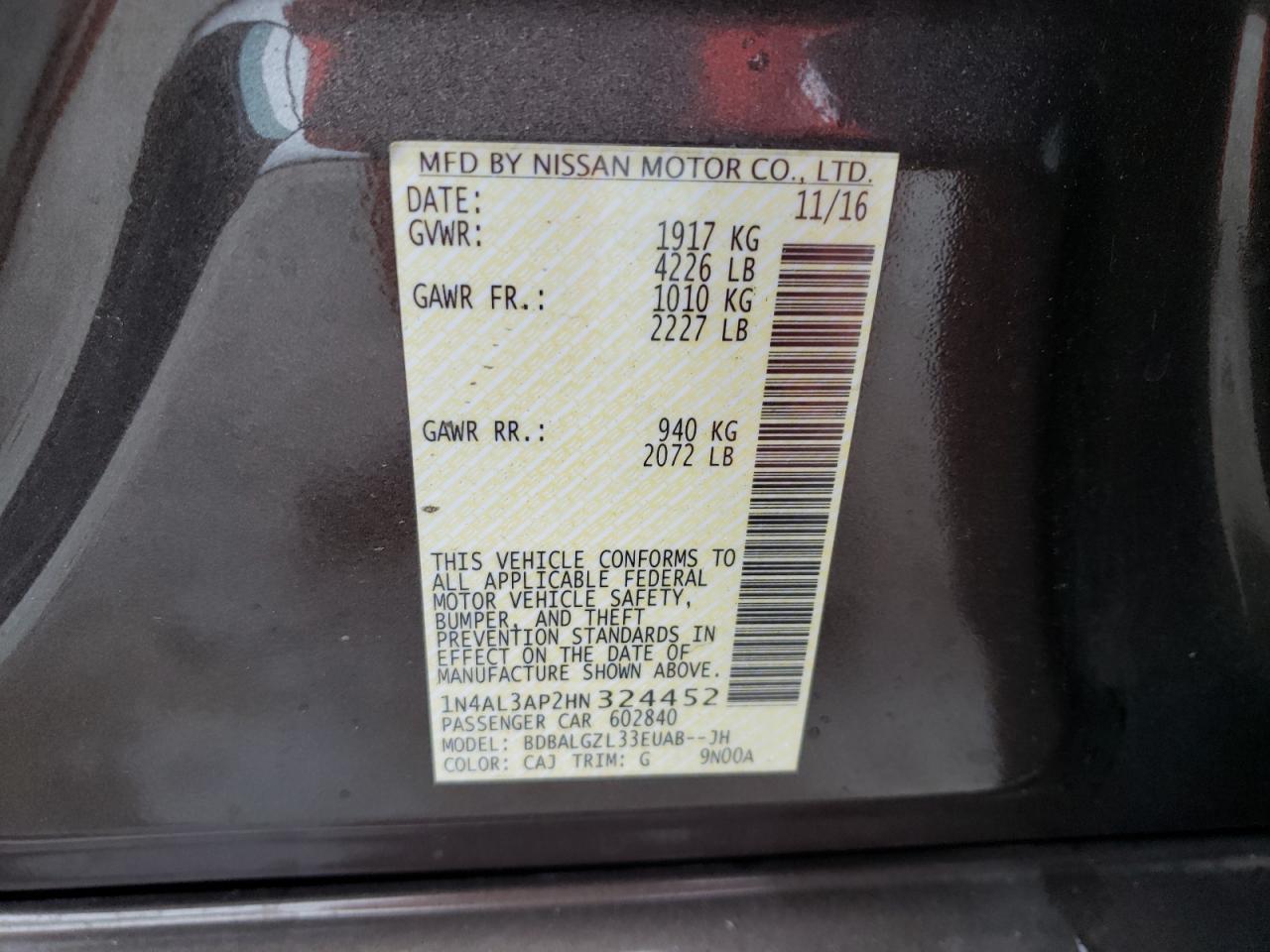 Photo 10 from auction – 2017 NISSAN ALTIMA 2.5 with VIN 1N4AL3AP2HN324452