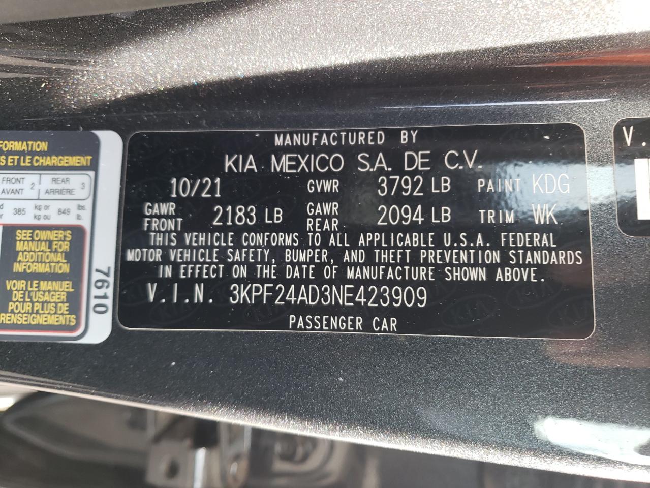 Photo 10 from auction – 2022 KIA FORTE FE with VIN 3KPF24AD3NE423909
