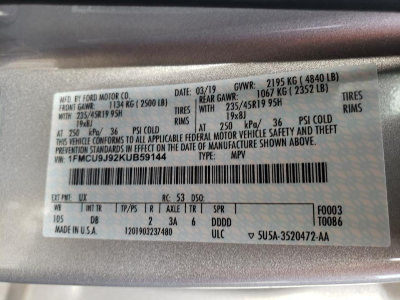 Photo 10 from auction – 2019 FORD ESCAPE TIT with VIN 1FMCU9J92KUB59144