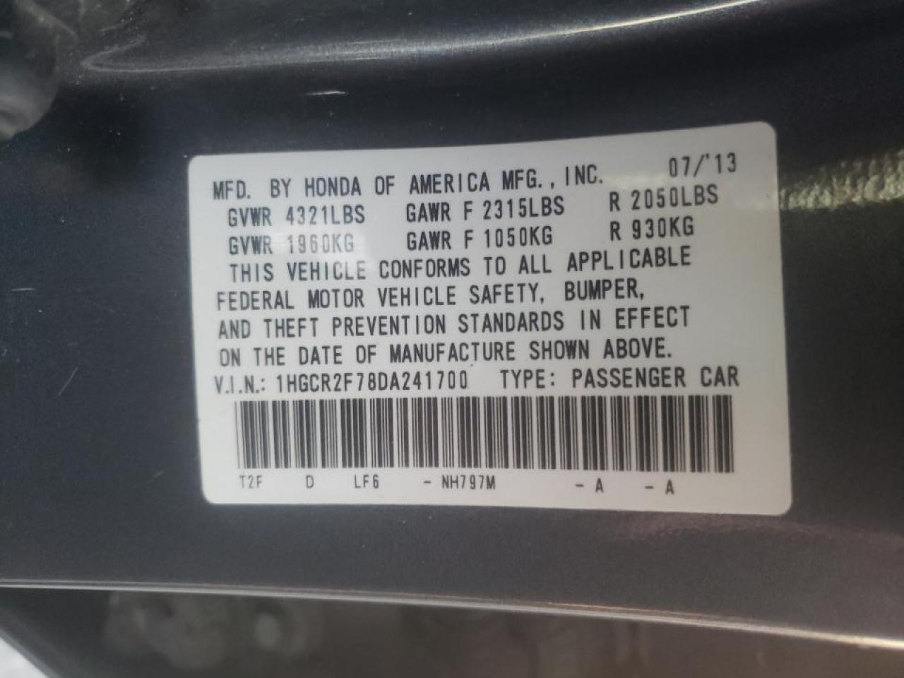 Photo 10 from auction – 2013 HONDA ACCORD EX with VIN 1HGCR2F78DA241700