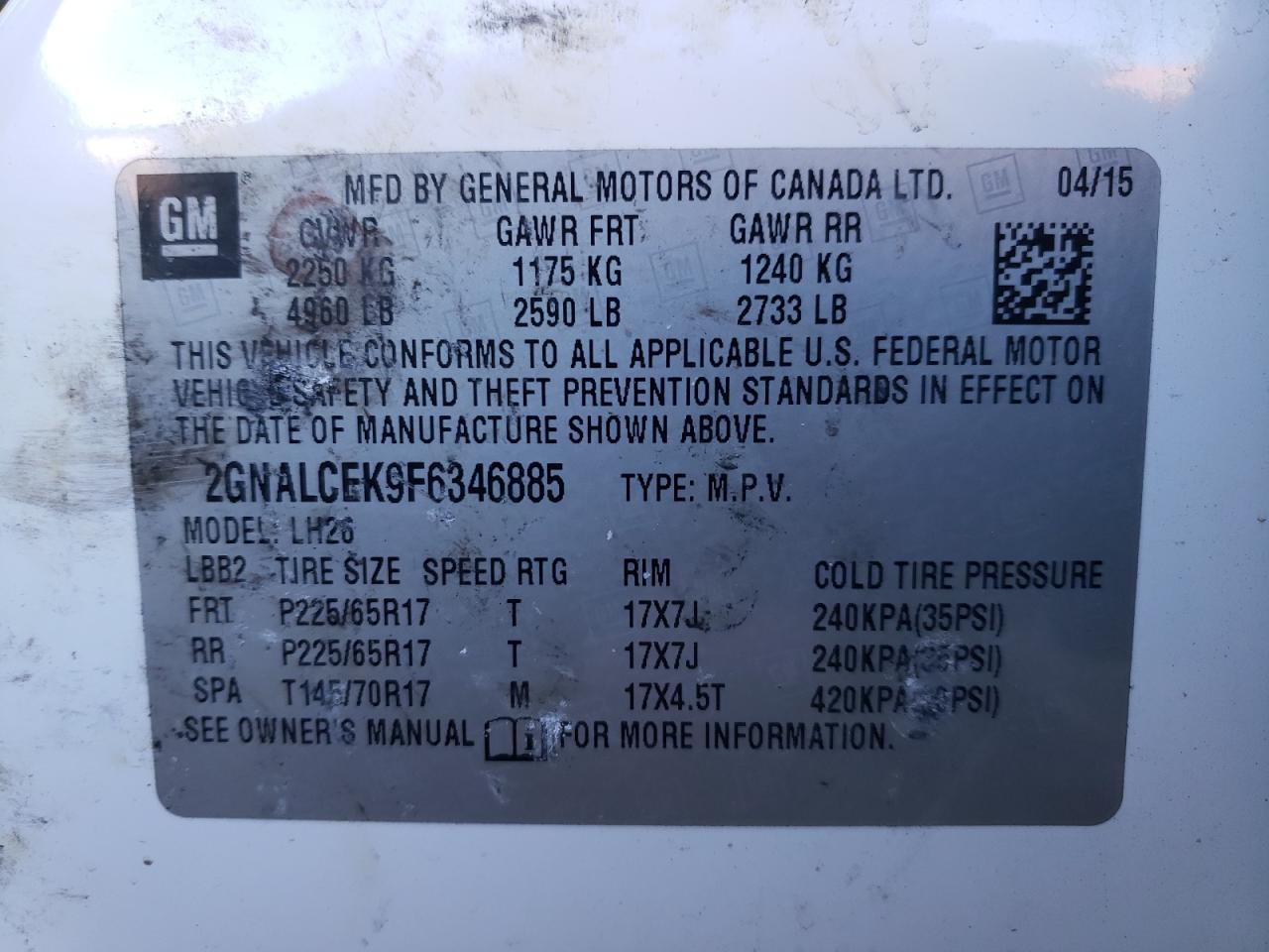 Photo 10 from auction – 2015 CHEVROLET EQUINOX LT with VIN 2GNALCEK9F6346885