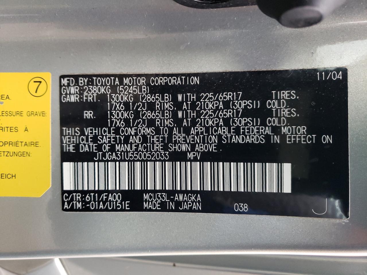Photo 10 from auction – 2005 LEXUS RX 330 with VIN JTJGA31U550052033