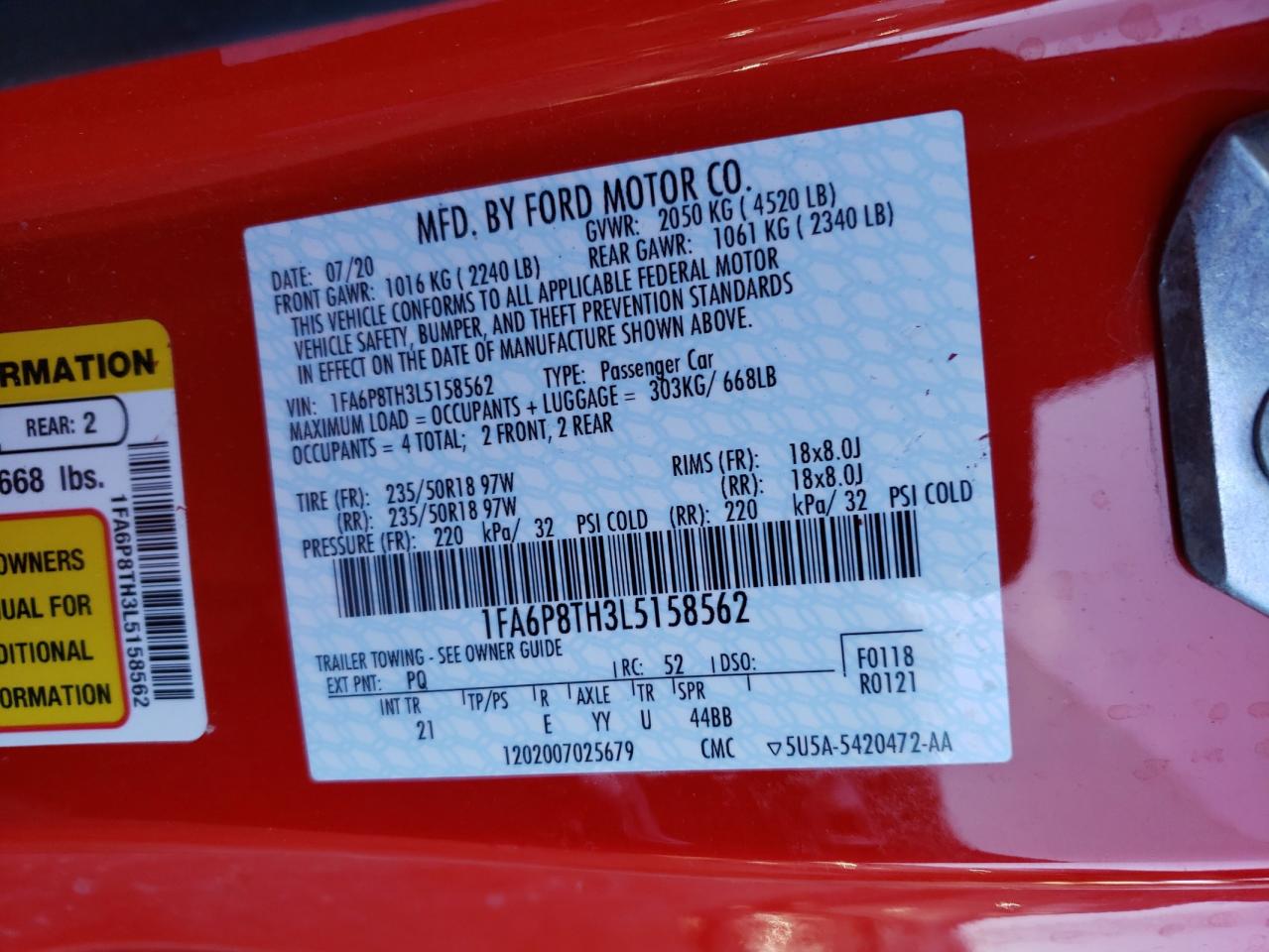Photo 10 from auction – 2020 FORD MUSTANG with VIN 1FA6P8TH3L5158562