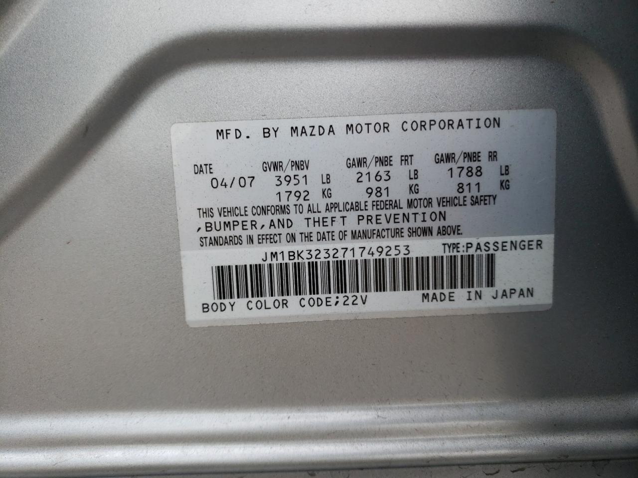 Photo 10 from auction – 2007 MAZDA 3 S with VIN JM1BK323271749253
