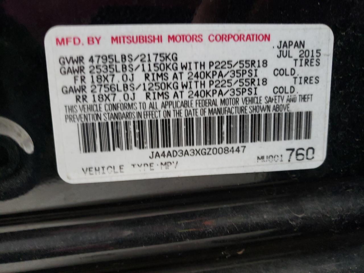 Photo 10 from auction – 2016 MITSUBISHI OUTLANDER with VIN JA4AD3A3XGZ008447