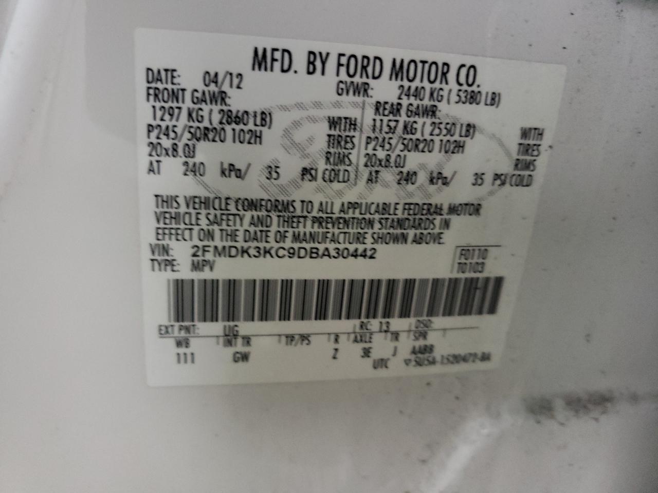 Photo 10 from auction – 2013 FORD EDGE LIMIT with VIN 2FMDK3KC9DBA30442