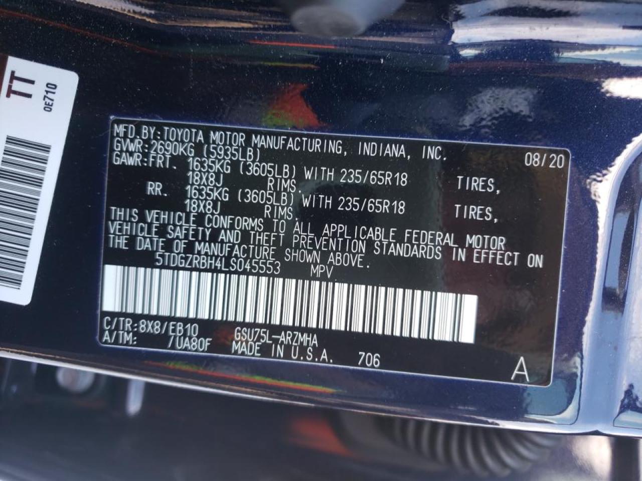 Photo 10 from auction – 2020 TOYOTA HIGHLANDER with VIN 5TDGZRBH4LS045553