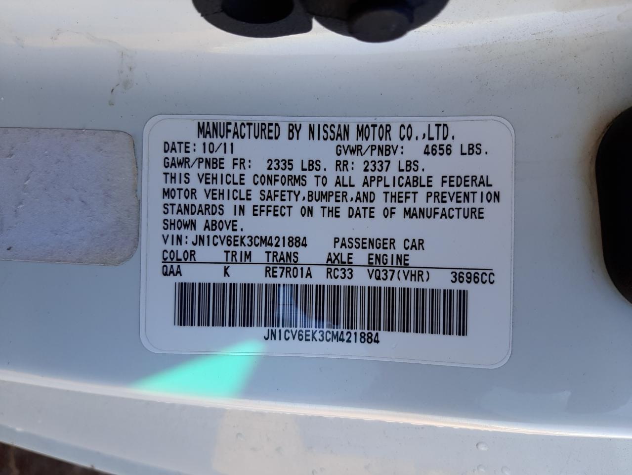Photo 10 from auction – 2012 INFINITI G37 BASE with VIN JN1CV6EK3CM421884