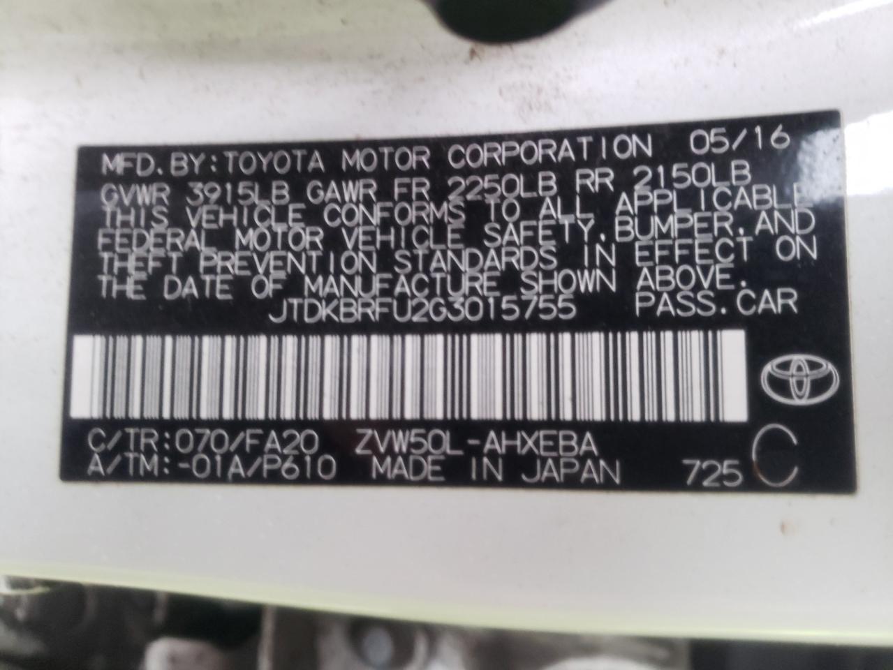 Photo 10 from auction – 2016 TOYOTA PRIUS with VIN JTDKBRFU2G3015755