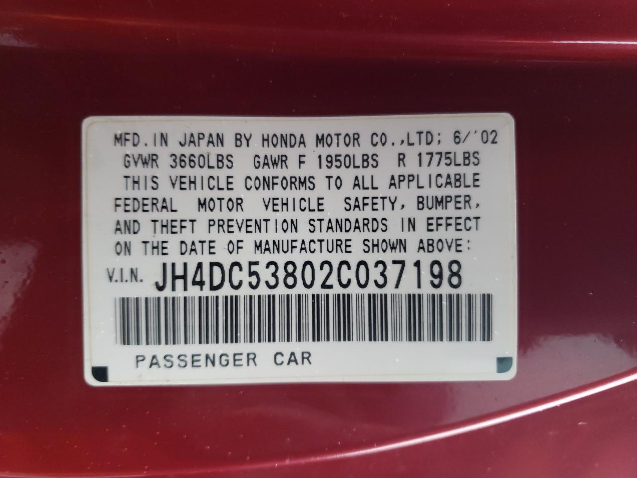 Photo 10 from auction – 2002 ACURA RSX with VIN JH4DC53802C037198
