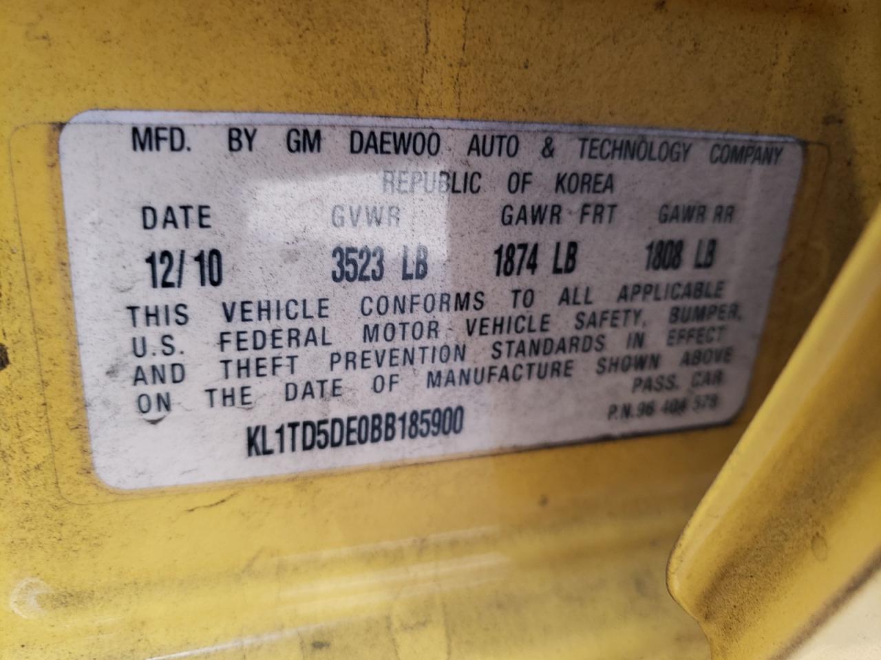 Photo 10 from auction – 2011 CHEVROLET AVEO LS with VIN KL1TD5DE0BB185900