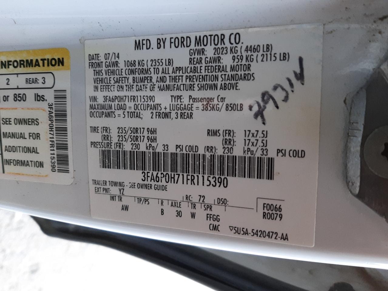 Photo 10 from auction – 2015 FORD FUSION SE with VIN 3FA6P0H71FR115390