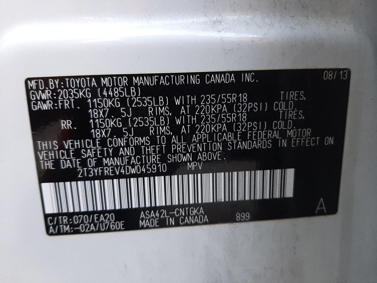 Photo 10 from auction – 2013 TOYOTA RAV4 LIMIT with VIN 2T3YFREV4DW045910