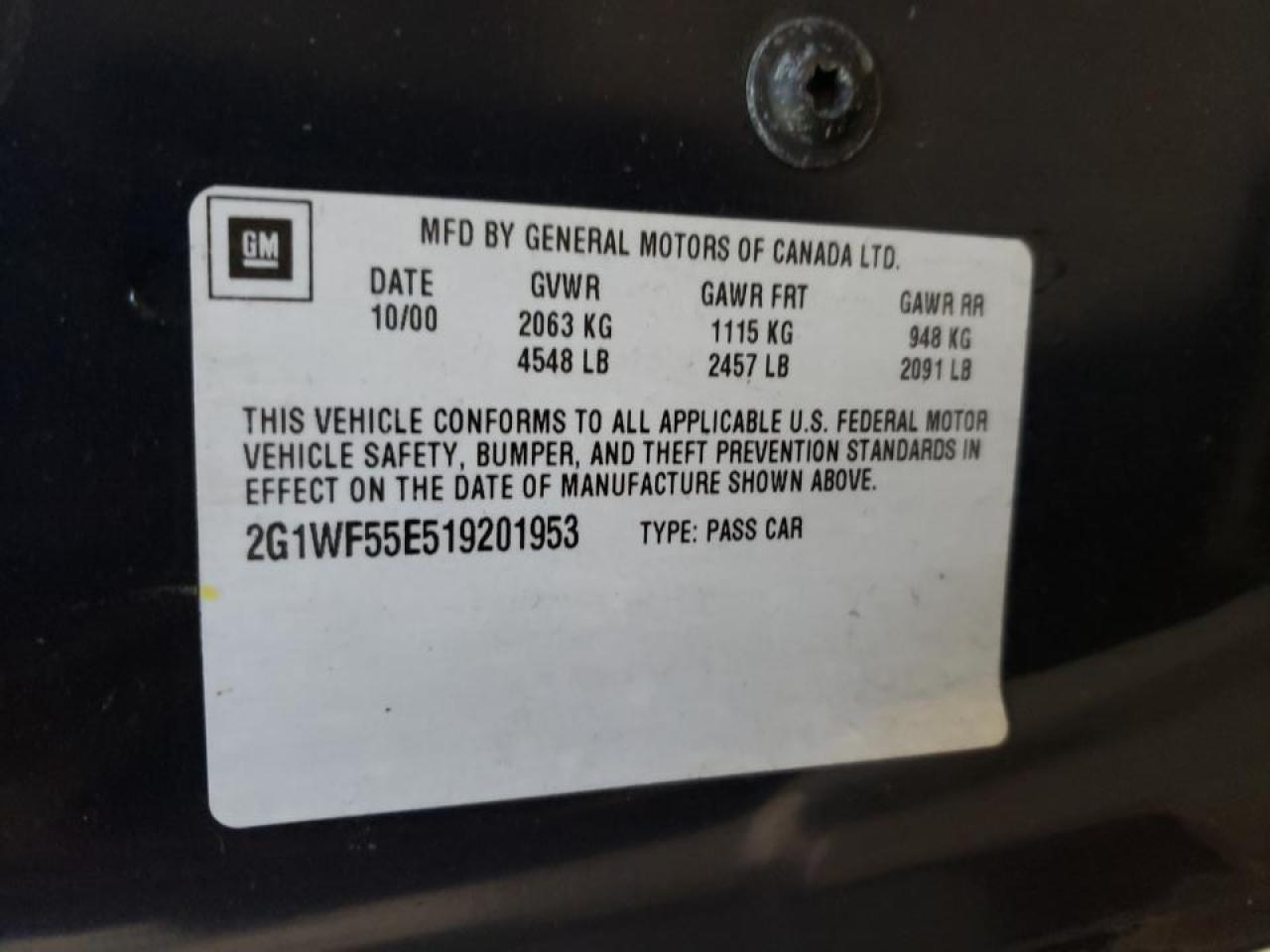 Photo 10 from auction – 2001 CHEVROLET IMPALA with VIN 2G1WF55E519201953