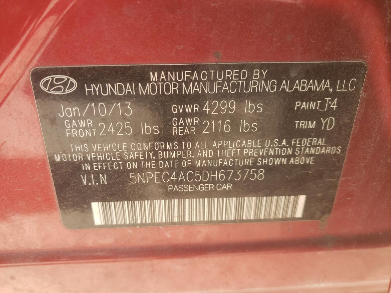 Photo 10 from auction – 2013 HYUNDAI SONATA SE with VIN 5NPEC4AC5DH673758