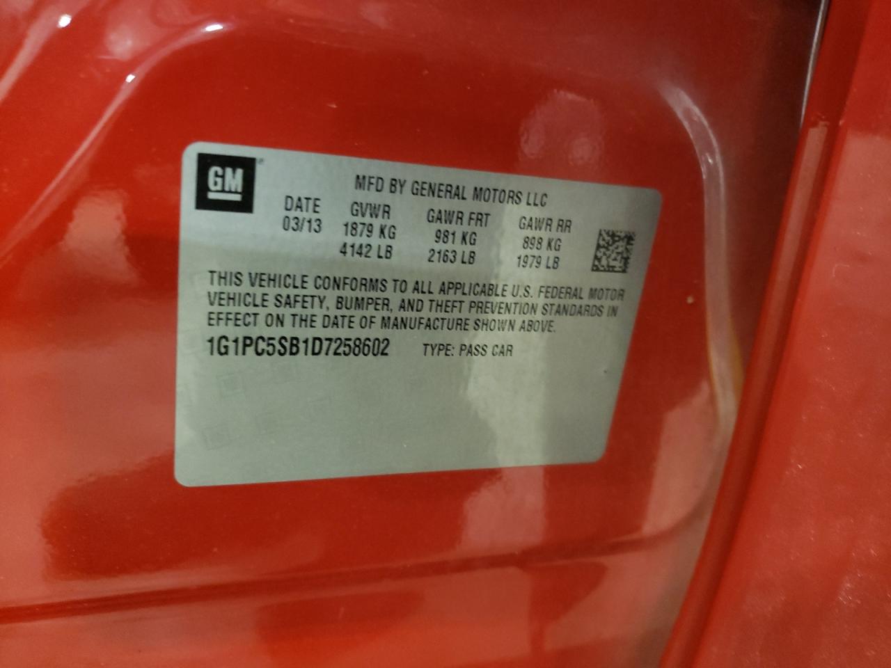 Photo 10 from auction – 2013 CHEVROLET CRUZE LT with VIN 1G1PC5SB1D7258602