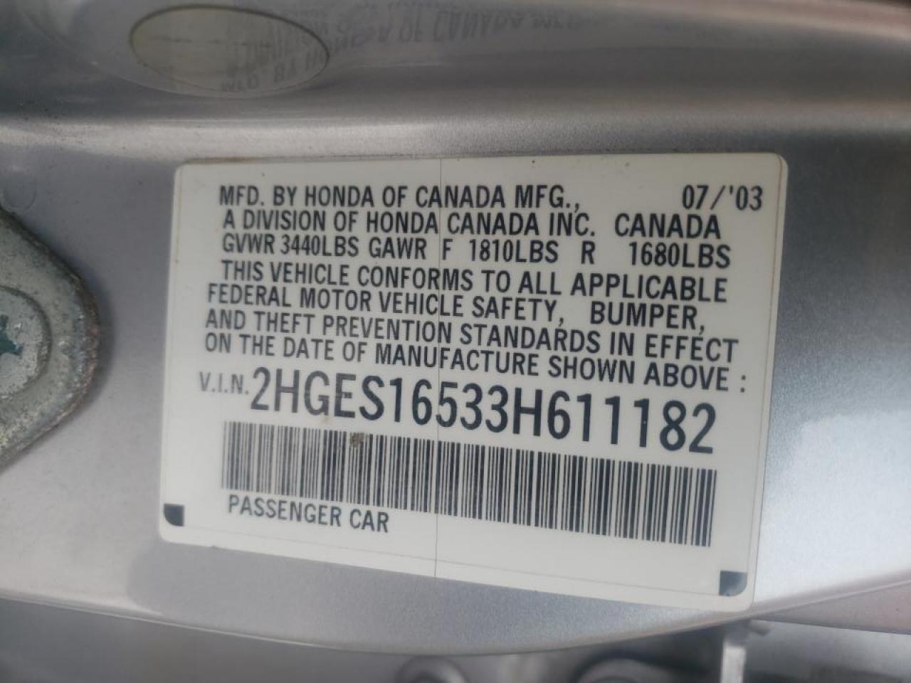 Photo 10 from auction – 2003 HONDA CIVIC LX with VIN 2HGES16533H611182