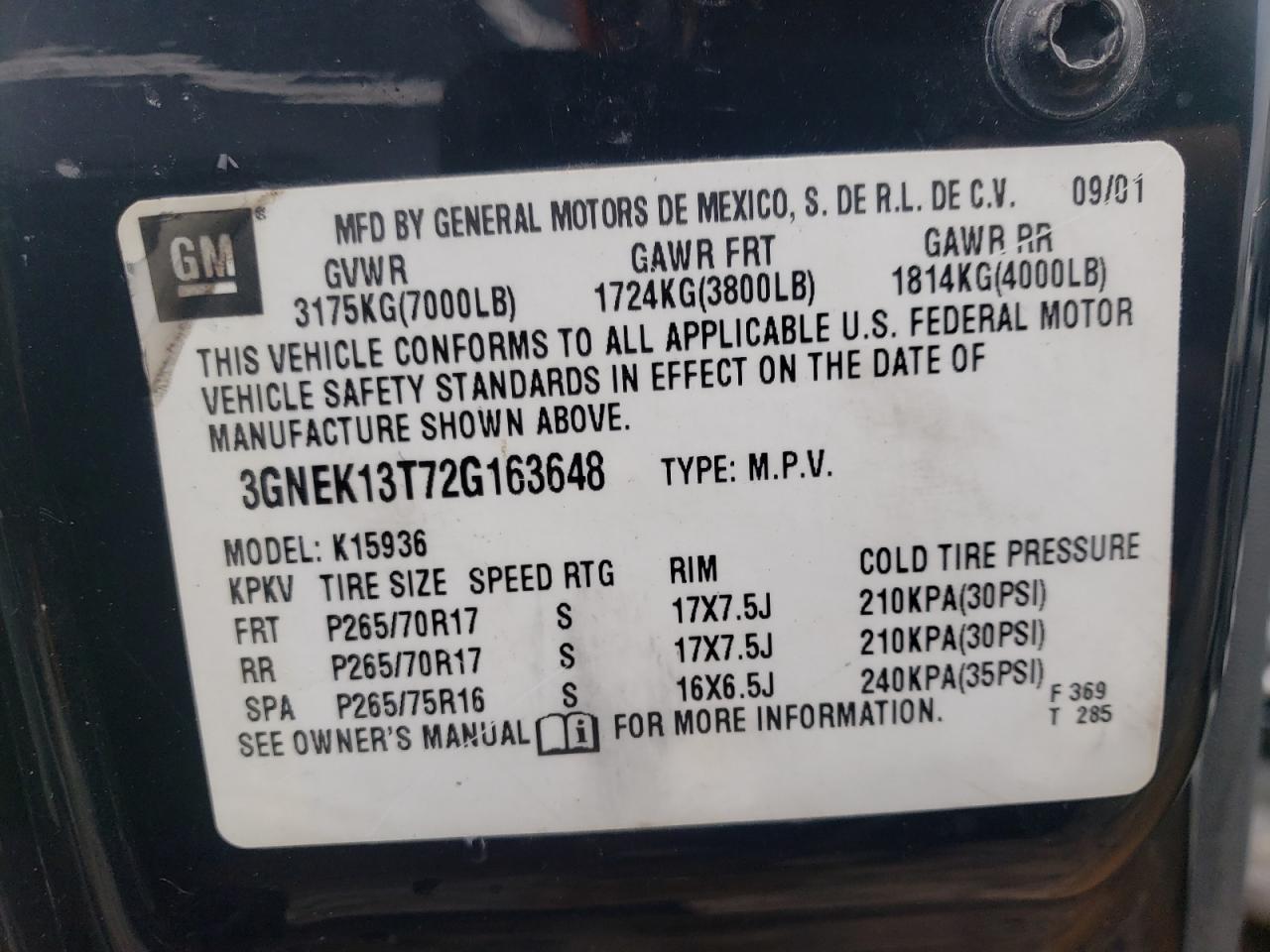 Photo 10 from auction – 2002 CHEVROLET AVALANCHE with VIN 3GNEK13T72G163648