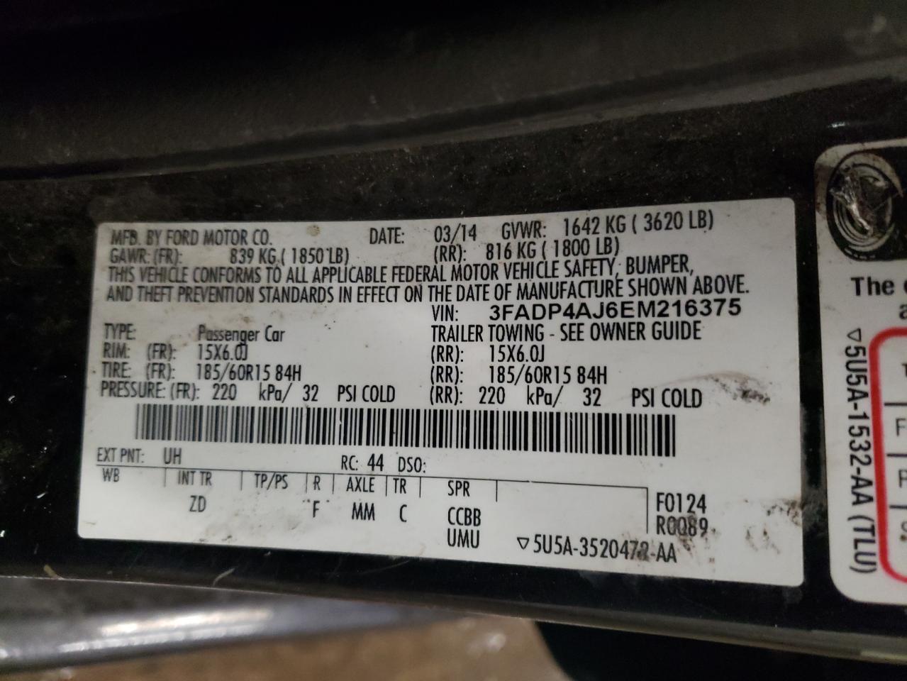 Photo 10 from auction – 2014 FORD FIESTA S with VIN 3FADP4AJ6EM216375