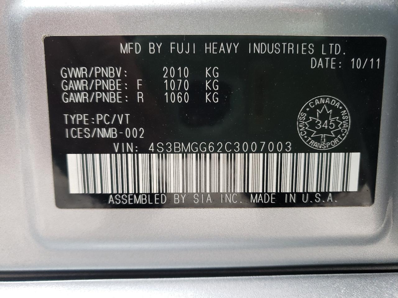 Photo 10 from auction – 2012 SUBARU LEGACY 2.5 with VIN 4S3BMGG62C3007003