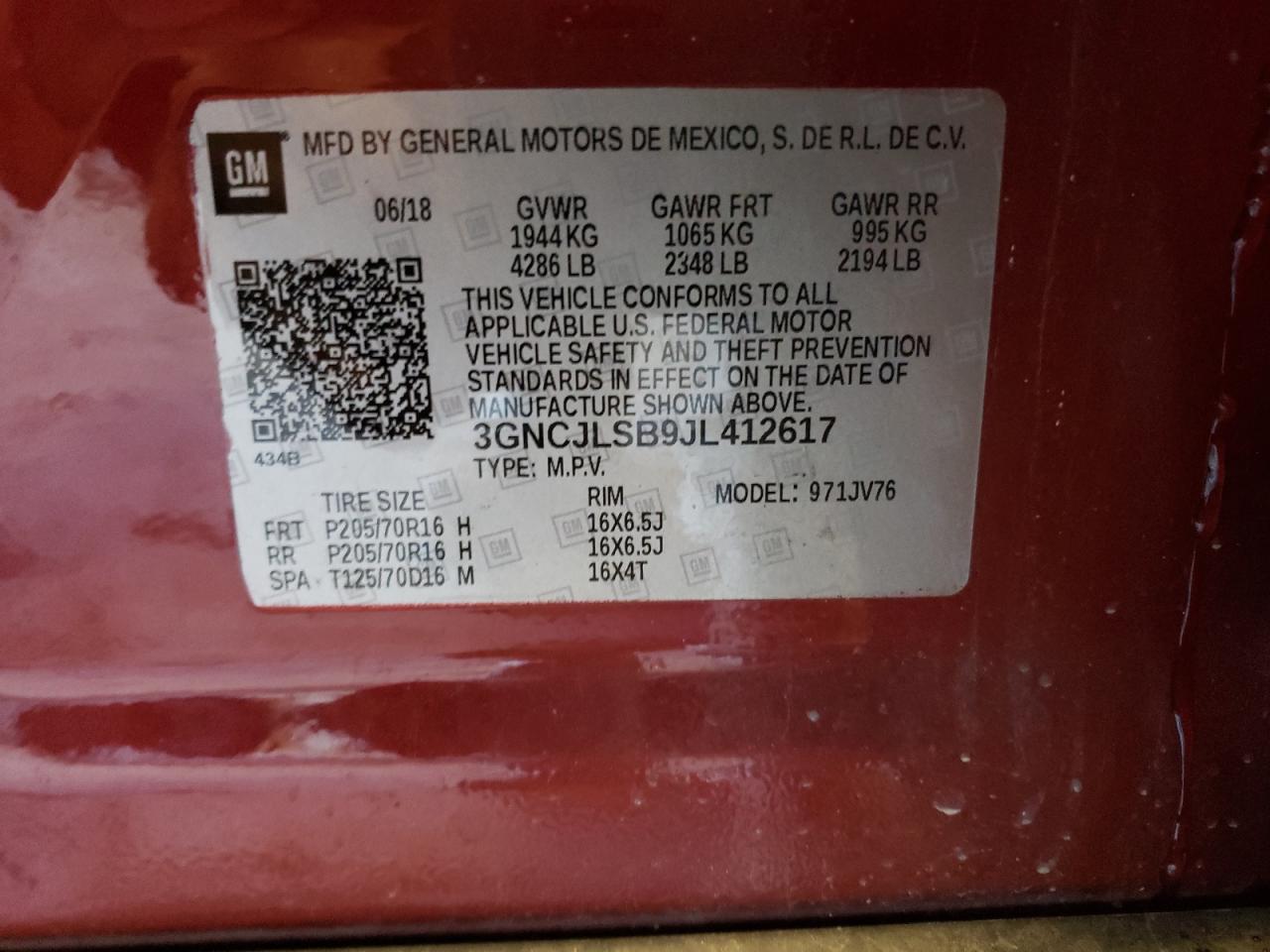 Photo 10 from auction – 2018 CHEVROLET TRAX 1LT with VIN 3GNCJLSB9JL412617