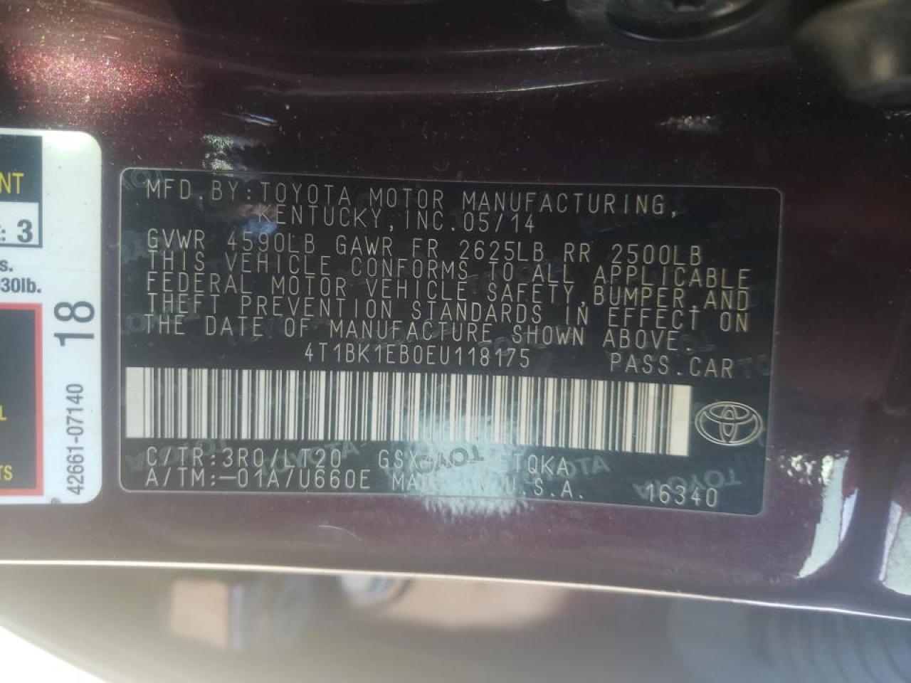 Photo 10 from auction – 2014 TOYOTA AVALON BAS with VIN 4T1BK1EB0EU118175