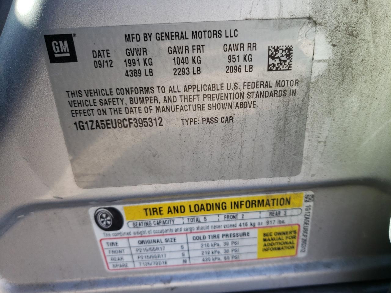 Photo 10 from auction – 2012 CHEVROLET MALIBU LS with VIN 1G1ZA5EU8CF395312