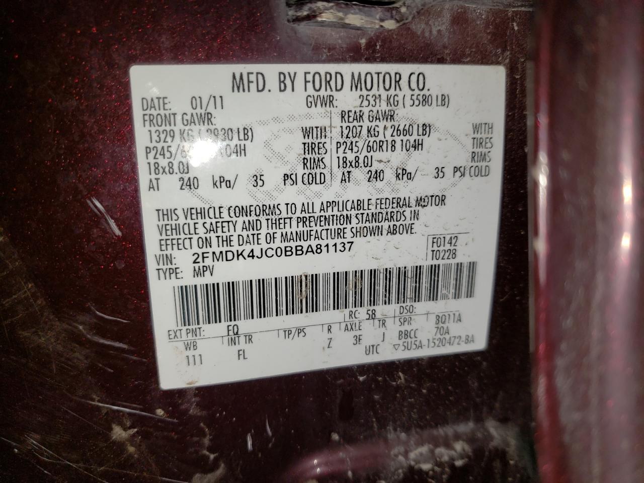 Photo 10 from auction – 2011 FORD EDGE SEL with VIN 2FMDK4JC0BBA81137